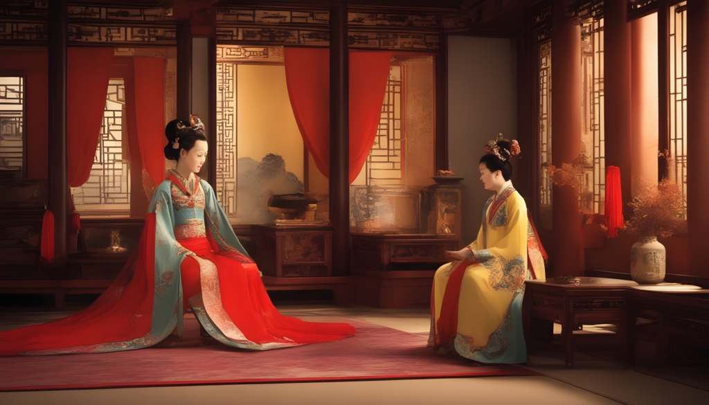 AI generated imagined scene of Empress QIao and Old Lady Qiao talking