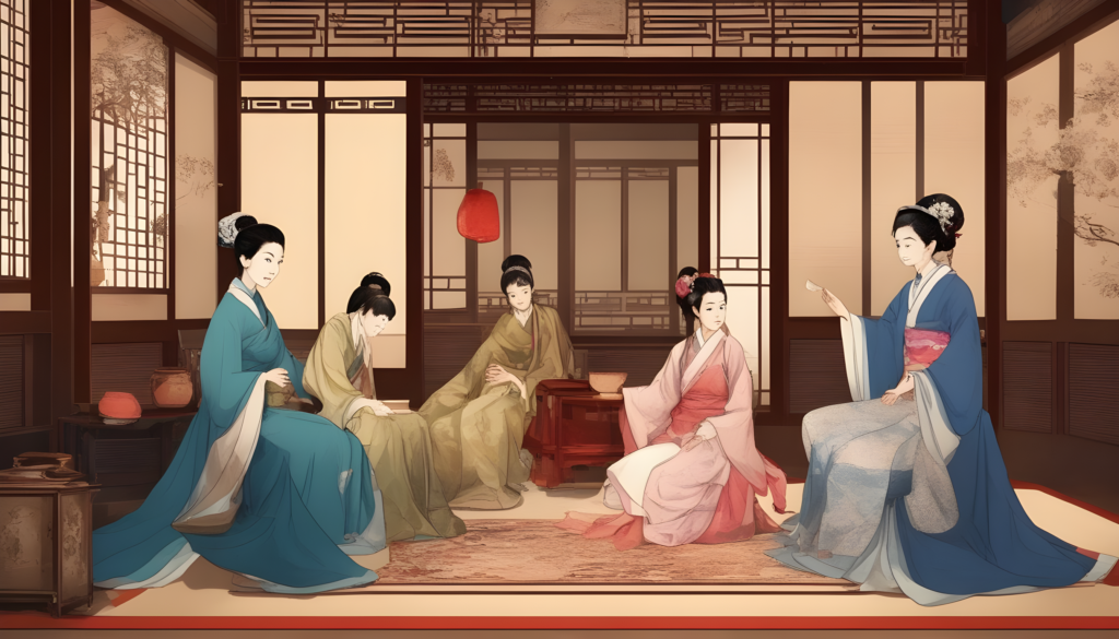 AI generated image of Four women sitting in an ancient tang dynasty affluent chinese sitting room, two teenagers, one woman in 20s and another woman in her 40s, chatting happily