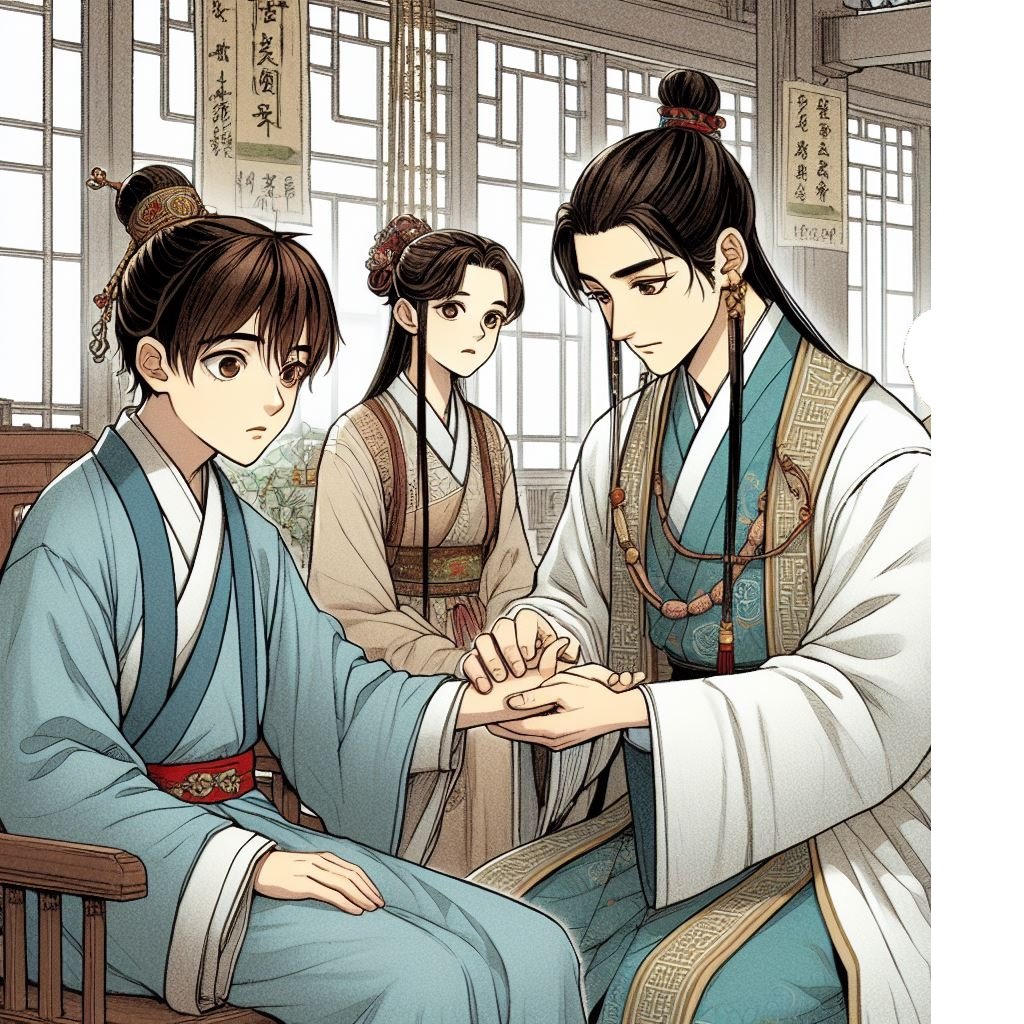 Ancient China, a young doctor in tang dynasty dress in his 20's is sitting in a medical hall and checking the pulse of the left hand of a boy of 14 sitting opposite him wearing an ancient chinese dress, while a young girl of 14 wearing ancient chinese dress  is standing by the side of the patient and anxiously watching them, manga style