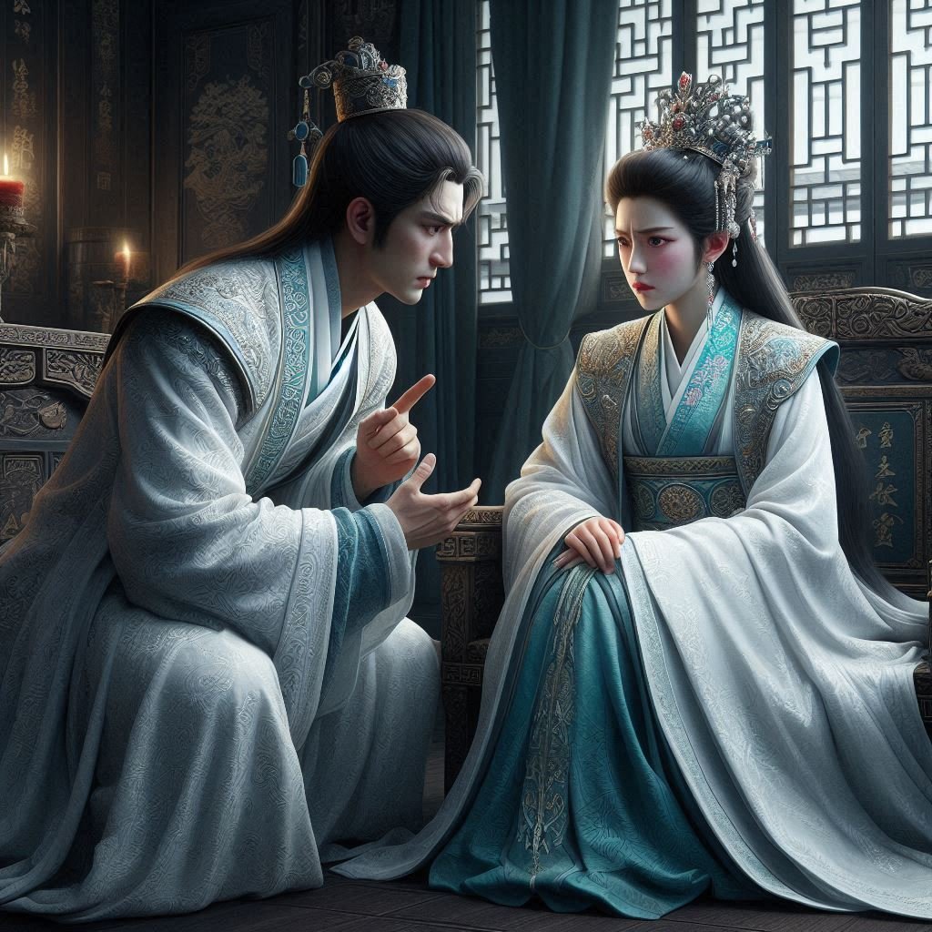 Ancient China, a Crown Prince and Crown Princess sitting in their inner chamber and discussing something. The princess looks angry, the prince is trying to calm her