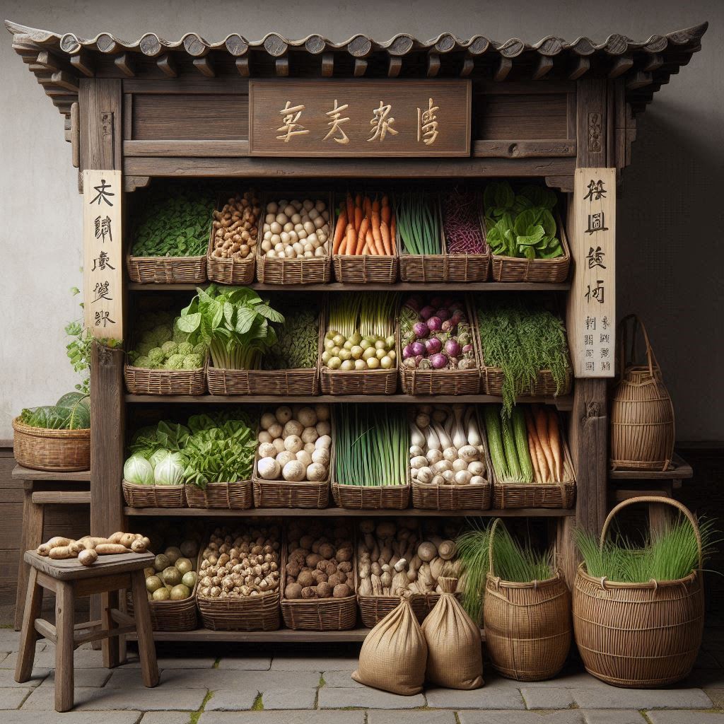 Ancient China, a small vegetable shop named 枫亭便民小铺. The shop is about 180 square meters and was not against the wall. There were two rows of vegetable racks in the middle. The wooden racks had several layers and were filled with fresh vegetables on both sides. Leafy vegetables were tied with straw in groups of half a pound each, while other root vegetables, mushrooms, and grass sprouts were packed in straw or bamboo baskets.