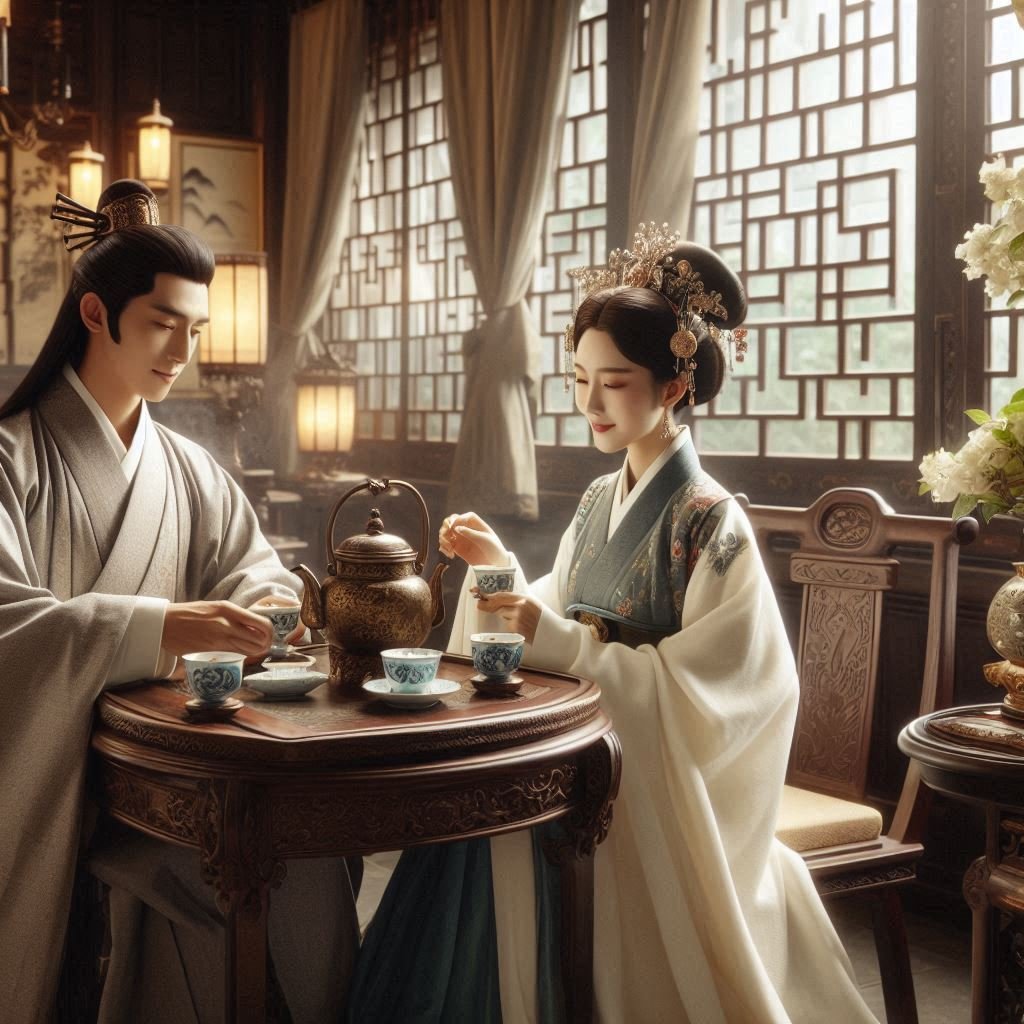 AI generated. Ancient China, in an elegant teahouse, an aristocratic woman, in her early 30's, is having tea with her son, 16, who is wearing a scholar's robes