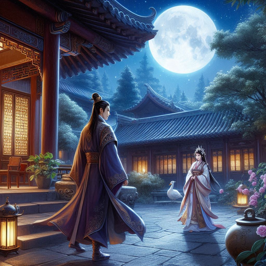 AI generated, Ancient China, Under a moonlit night, a young prince is waiting for someone outside in the garden. A young woman is coming towards him.