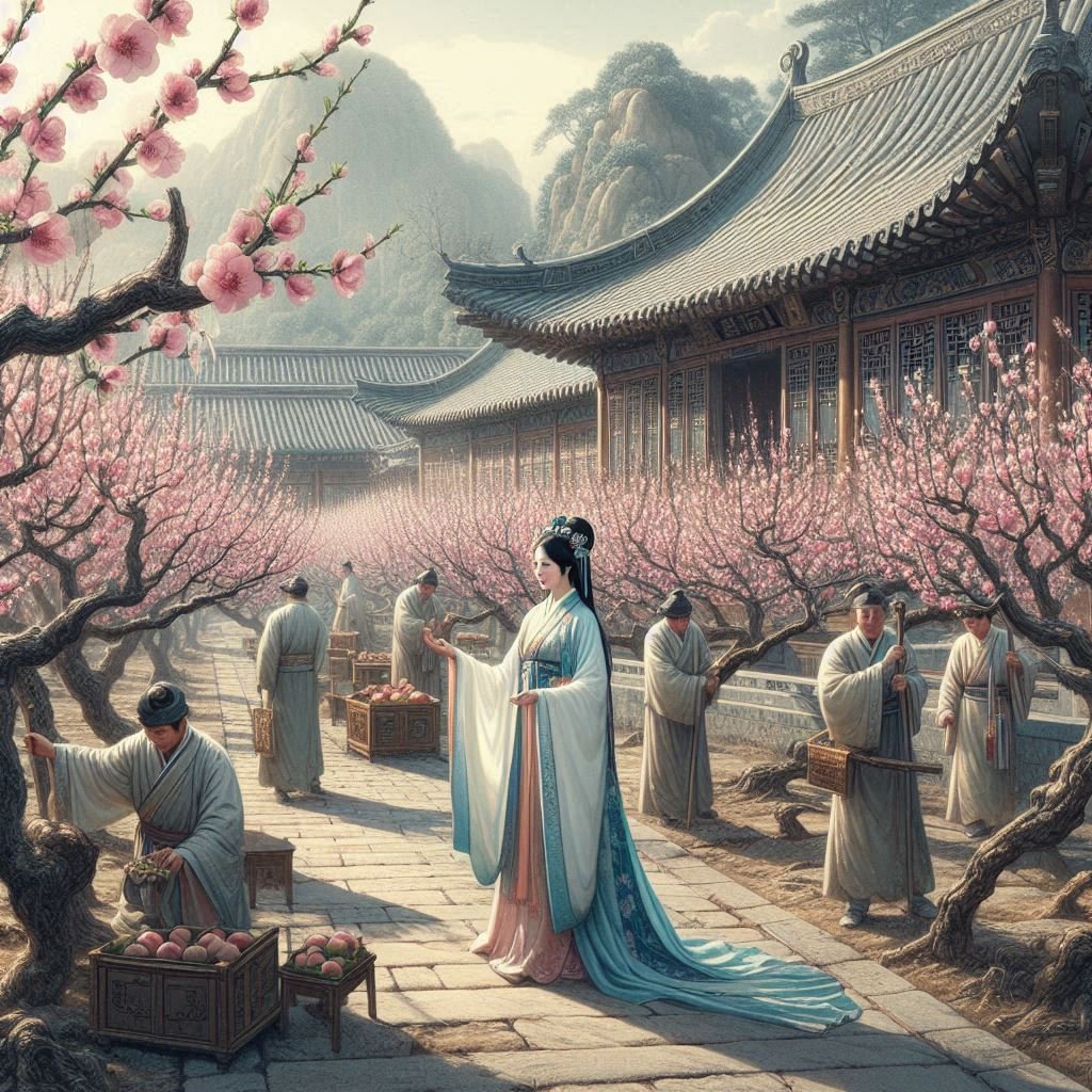 AI generated Ancient China, an aristocratic woman is guiding servants to cut down a blooming peach forest in front of a courtyard house