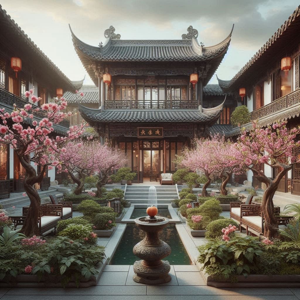 AI generated. A beautiful chinese courtyard house within a mansion that has a blooming peach garden in front of it