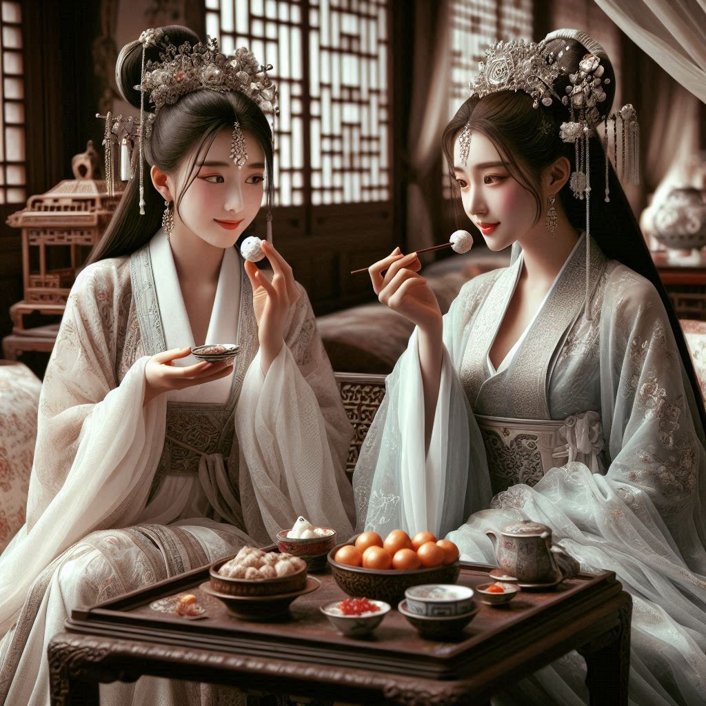 Ancient China, two young aristocratic married ladies are sitting in a room, eating some sweets and enjoying themselves AI generated